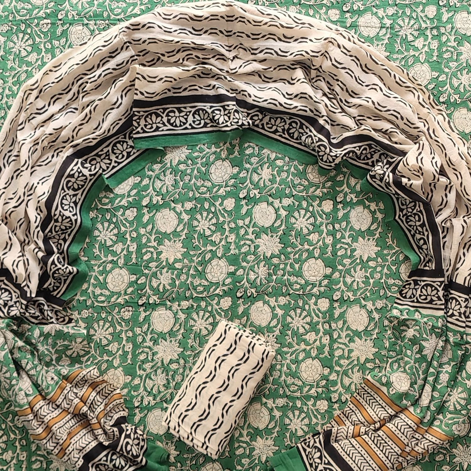 Emerald Green Floral Jaal & Black Wave Block Printed Cotton Unstitched – Khatri Creations