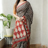 Charcoal Black & Brick Red Leaf Motif Chanderi Silk Saree