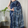Deep Indigo Blue & Off-White Floral Batik Chanderi Silk Saree