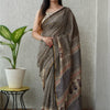 Charcoal Black & Cream Geometric Grid Chanderi Silk Saree