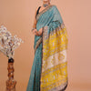 Peacock Teal & Haldi Yellow Hand-Block Printed Chanderi Silk Saree