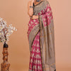Rose Pink Floral Tulip & Checkerboard Hand-Block Printed Chanderi Silk Saree