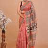 Coral Red & Dabu Black Checkerboard Hand-Block Printed Chanderi Silk Saree