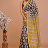 Charcoal Black &; Haldi Yellow Paisley Leaf Hand-Block Printed Chanderi Silk Saree