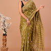 Olive Green & Gold Geometric Leaf Hand-Block Printed Chanderi Silk Saree
