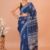Royal Indigo & Daboo White Spiral Floral Hand-Block Printed Chanderi Silk Saree