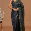 Charcoal Black & Silver Leaf Pinstriped Hand-Block Printed Chanderi Silk Saree