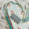 Crisp White, Turquoise Blue & Deep Red Floral Stripe Hand-Block Printed Cotton Unstitched Suit Set with Kota Doria Dupatta