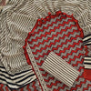 Handcrafted Crimson Red &amp; Black Geometric Zig-Zag Printed Pure Cotton Unstitched Suit Set