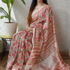 Handcrafted Off-White & Coral Pink Lotus Floral Block Printed Maheshwari Silk Cotton Saree with Woven Zari Border
