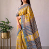 Handcrafted Mustard Yellow & Slate Blue Paisley Block Printed Maheshwari Silk Cotton Saree with Woven Zari Border