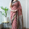 Handcrafted Brick Red & Cream Leaf Motif Block Printed Maheshwari Silk Cotton Saree with Woven Zari Border