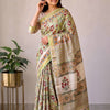 Handcrafted Sage Pistachio Green Floral Kalamkari Block Printed Maheshwari Silk Cotton Saree with Woven Zari Border