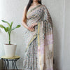 Handcrafted Olive Green & Lavender Floral Block Printed Maheshwari Silk Cotton Saree with Woven Zari Border