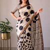 Handcrafted Off-White & Black Polka Dot Block Printed Maheshwari Silk Cotton Saree with Woven Zari Border
