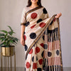 Handcrafted Off-White, Black & Rust Polka Dot Block Printed Maheshwari Silk Cotton Saree with Woven Zari Border