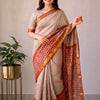 Handcrafted Off-White & Rust Red Striped Block Printed Maheshwari Silk Cotton Saree with Woven Zari Border