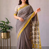 Handcrafted Charcoal Black & Mustard Yellow Polka Dot Block Printed Maheshwari Silk Cotton Saree with Woven Zari Border