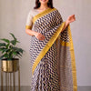 Handcrafted Off-White, Navy Blue & Mustard Yellow Zig-Zag Block Printed Maheshwari Silk Cotton Saree with Woven Zari Border