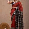 Handcrafted Terracotta Red & Black Paisley Block Printed Maheshwari Silk Saree with Woven Zari Border