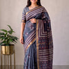 Handcrafted Charcoal Grey & Maroon Hand-Block Printed Maheshwari Silk Cotton Saree with Woven Zari Border