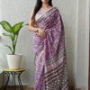 Handcrafted Lavender Floral Block Printed Maheshwari Silk Cotton Saree with Woven Zari Border