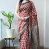 Handcrafted Crimson Red & Black Floral Block Printed Maheshwari Silk Cotton Saree with Woven Zari Border