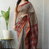 Handcrafted Beige & Rust Red Chevron Hand-Block Printed Maheshwari Silk Cotton Saree with Woven Zari Border