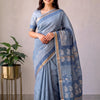 Handcrafted Powder Blue Floral Block Printed Maheshwari Silk Cotton Saree with Woven Zari Border