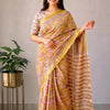Handcrafted Mustard Yellow & Pink Floral Block Printed Maheshwari Silk Cotton Saree with Woven Zari Border