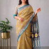 Handcrafted Ochre Yellow & Peacock Blue Paisley Block Printed Maheshwari Silk Cotton Saree with Woven Zari Border