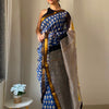 Handcrafted Royal Blue Leaf Printed Maheshwari Silk Cotton Saree with Striped Pallu & Woven Zari Border