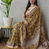 Handcrafted Bright Yellow & Purple Floral Block Printed Maheshwari Silk Cotton Saree with Woven Zari Border