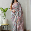 Handcrafted Sea Green & Crimson Red Floral Block Printed Maheshwari Silk Cotton Saree with Woven Zari Border