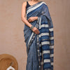 Handcrafted Indigo Blue Geometric Checked Maheshwari Silk Cotton Saree with Striped Pallu & Woven Zari Border
