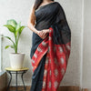 Handcrafted Jet Black & Crimson Red Paisley Block Printed Maheshwari Silk Cotton Saree with Woven Zari Border