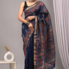 Handcrafted Navy Blue & Rust Red Kalamkari Block Printed Maheshwari Silk Cotton Saree with Woven Zari Border