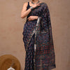 Handcrafted Midnight Navy & Rust Red Floral Block Printed Maheshwari Silk Cotton Saree with Woven Zari Border