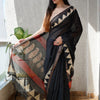 Handcrafted Jet Black & Beige Temple Triangle Maheshwari Silk Cotton Saree with Paisley Pallu & Woven Zari Border