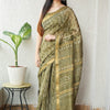Handcrafted Olive Green Geometric Wave Block Printed Maheshwari Silk Cotton Saree with Woven Zari Border