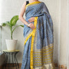 Handcrafted French Blue & Yellow Floral Block Printed Maheshwari Silk Cotton Saree with Woven Zari Border
