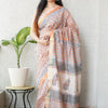 Handcrafted Soft Peach & Dusty Blue Floral Block Printed Maheshwari Silk Cotton Saree with Woven Zari Border
