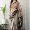 Handcrafted Cream & Charcoal Black Pinstripe Maheshwari Silk Cotton Saree with Floral Tree Pallu & Woven Zari Border