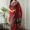 Handcrafted Rust Red & Black Swirl Block Printed Maheshwari Silk Cotton Saree with Woven Zari Border
