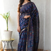 Handcrafted Indigo Navy & Crimson Floral Block Printed Maheshwari Silk Cotton Saree with Woven Zari Border