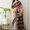 Handcrafted Beige & Charcoal Black Leaf Motif Block Printed Maheshwari Silk Cotton Saree with Woven Zari Border