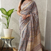 Handcrafted Slate Grey Floral Block Printed Maheshwari Silk Cotton Saree with Woven Zari Border