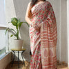 Handcrafted Off-White & Rose Pink Floral Block Printed Maheshwari Silk Cotton Saree with Woven Zari Border
