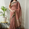 Handcrafted Brick Red & Cream Leaf Motif Block Printed Maheshwari Silk Cotton Saree with Woven Zari Border