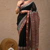 Handcrafted Jet Black & Crimson Red Geometric Block Printed Maheshwari Silk Cotton Saree with Woven Zari Border
